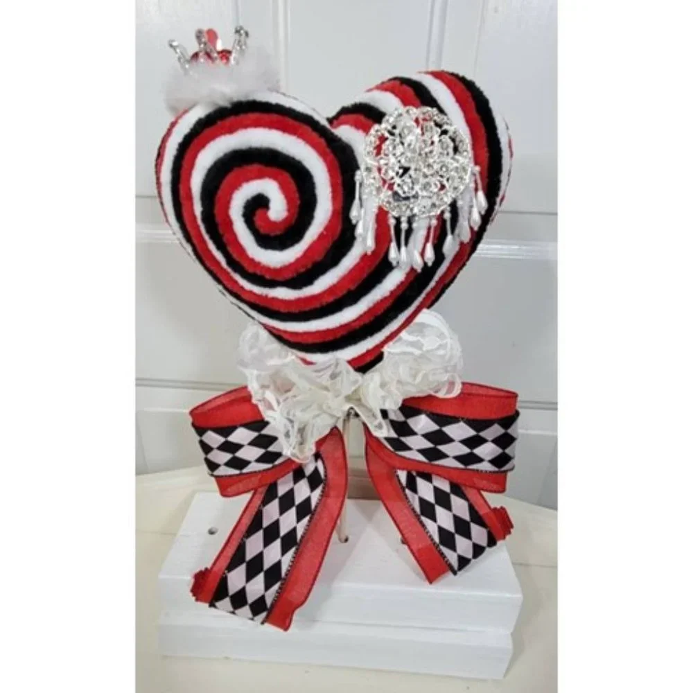 Hearts Decorative Velvety Yarn Red, Black & White Heart w Crown Lollipop & Silve